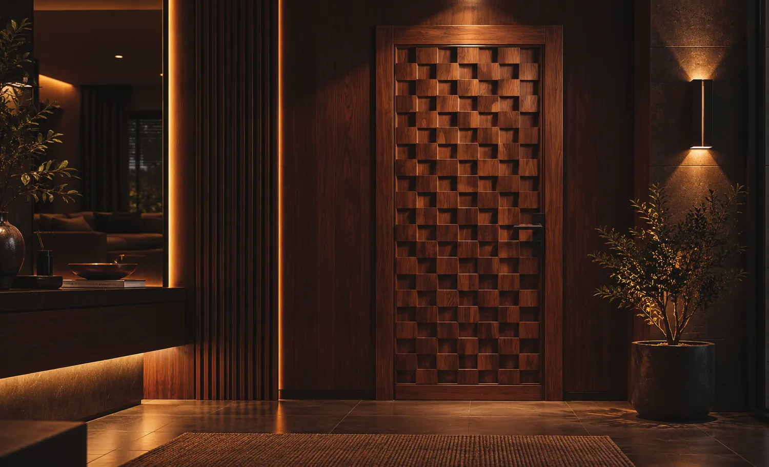 A door with a three-dimensional woven block relief