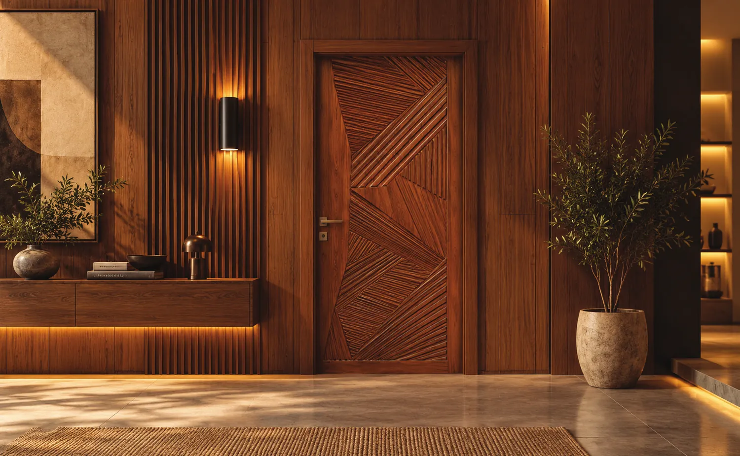 A door with deep diagonal grooves in warm timber
