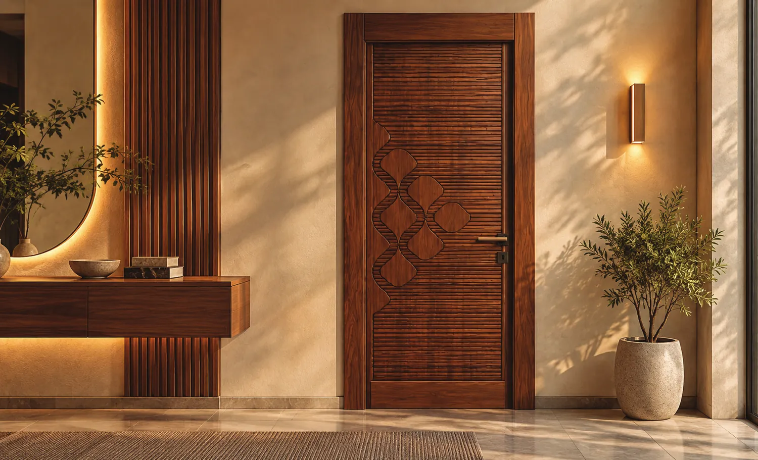 A door with a carved diamond relief