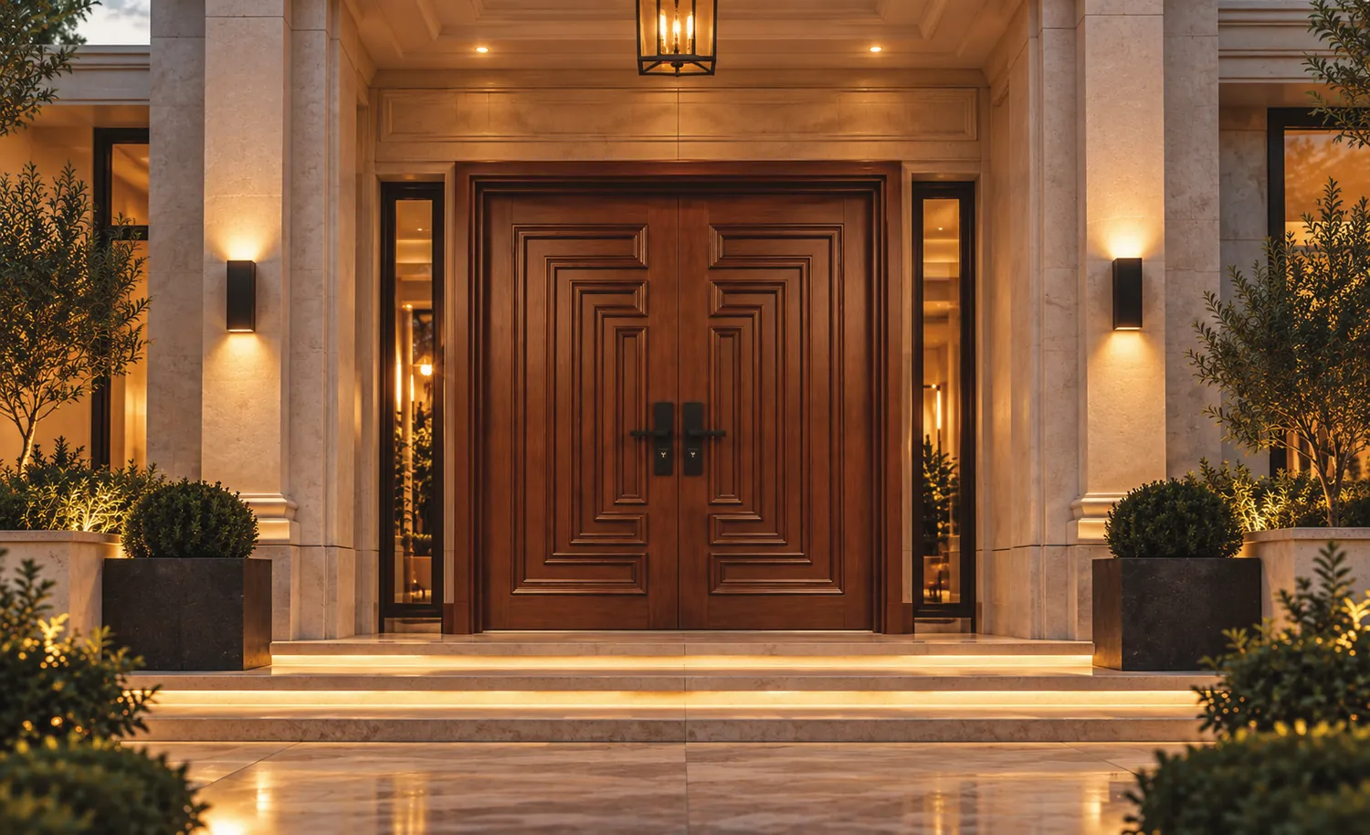 A grand carved double door framed by a lit entrance