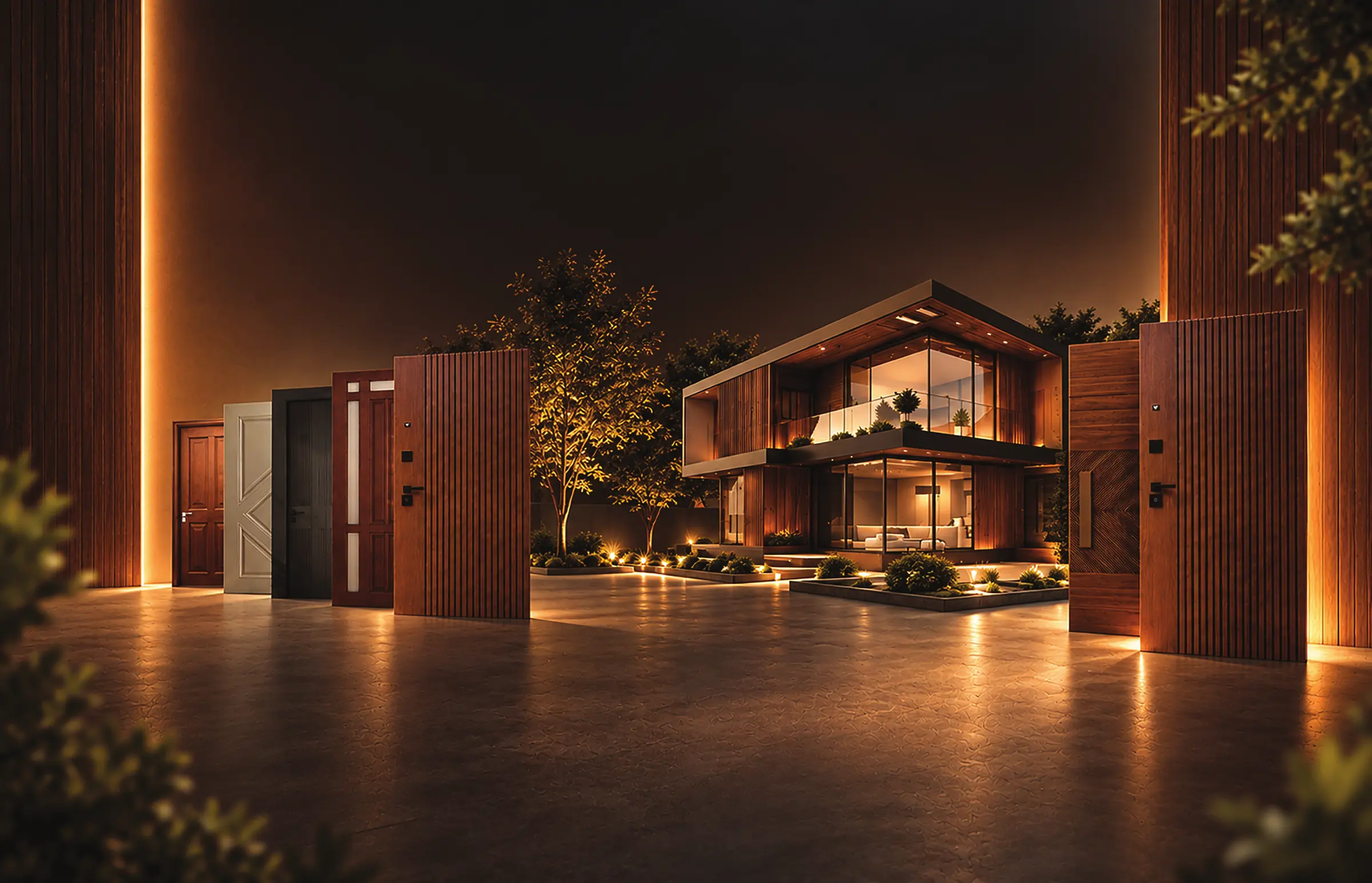 A modern house at dusk with Alia Wood doors lit along the entrance hall
