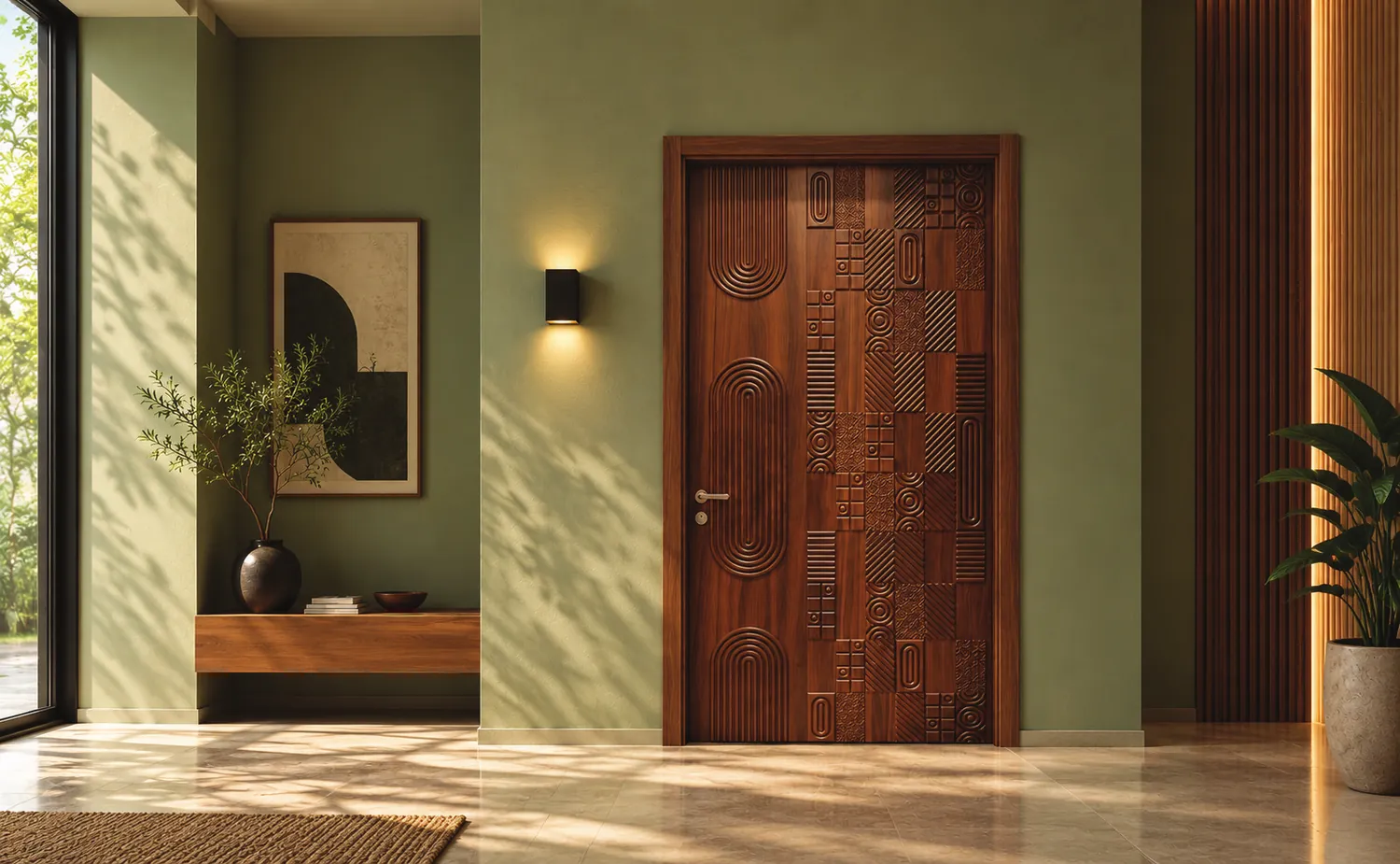 A door made of patchwork timber panels in a green hall