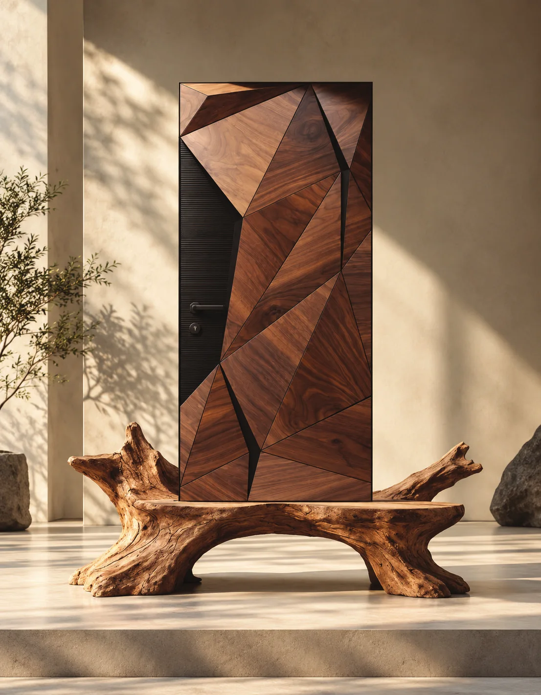 A faceted walnut panel standing on a driftwood sculpture