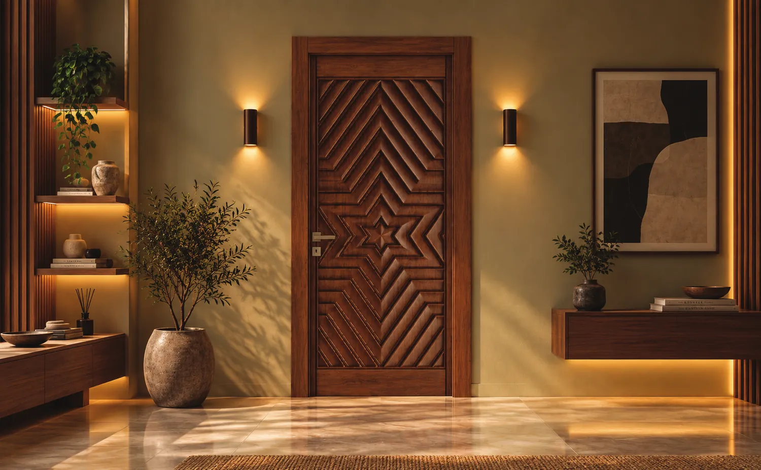 A door carved with a geometric star pattern