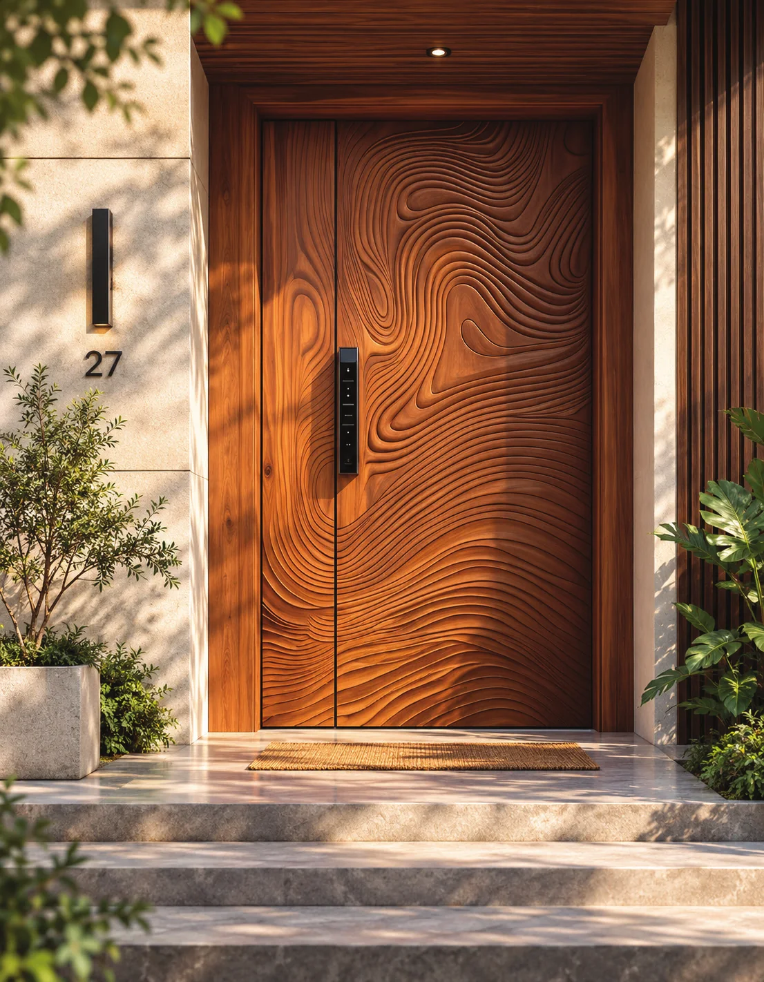 An entrance door carved with flowing wave relief